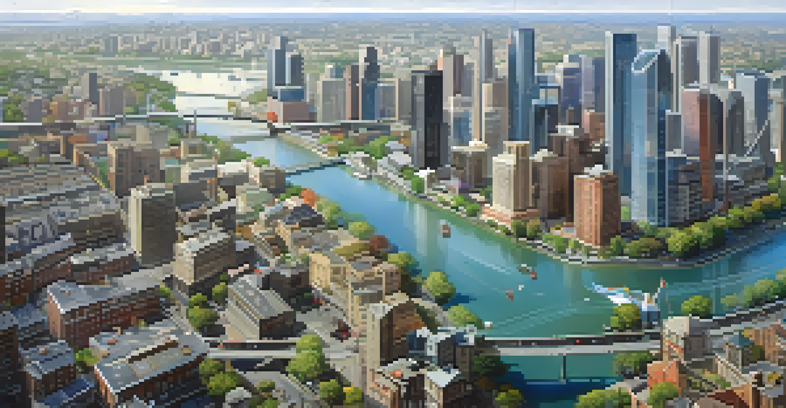 Aerial view of a vibrant city with residential and commercial buildings and construction cranes.