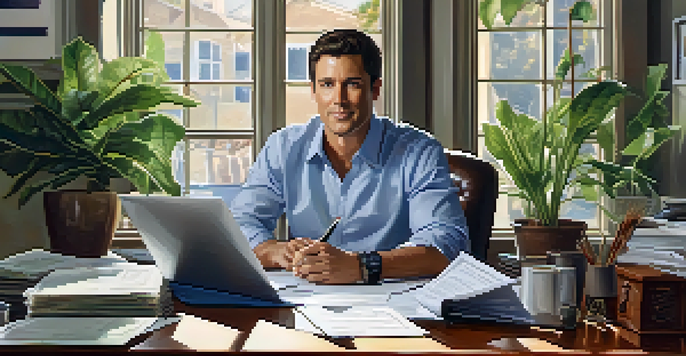 A real estate agent at a desk, examining legal documents with a laptop and coffee cup in a bright office environment.