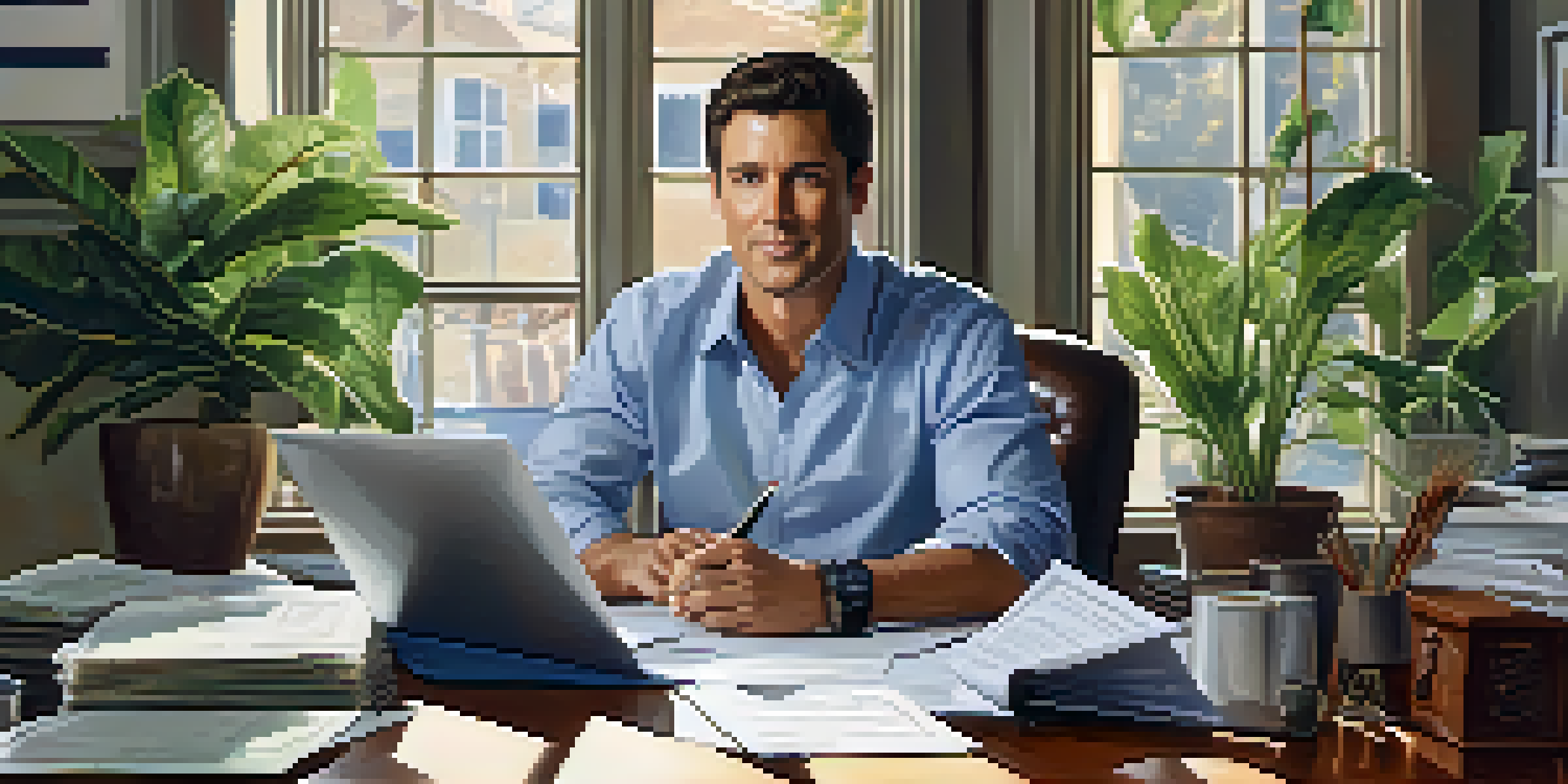 A real estate agent at a desk, examining legal documents with a laptop and coffee cup in a bright office environment.