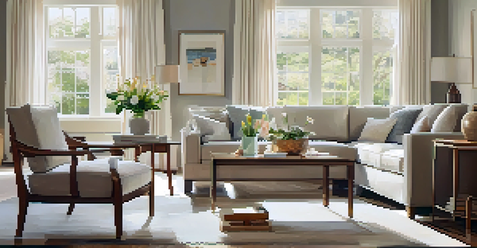 A bright and tidy living room set up for an open house with flowers and natural light.
