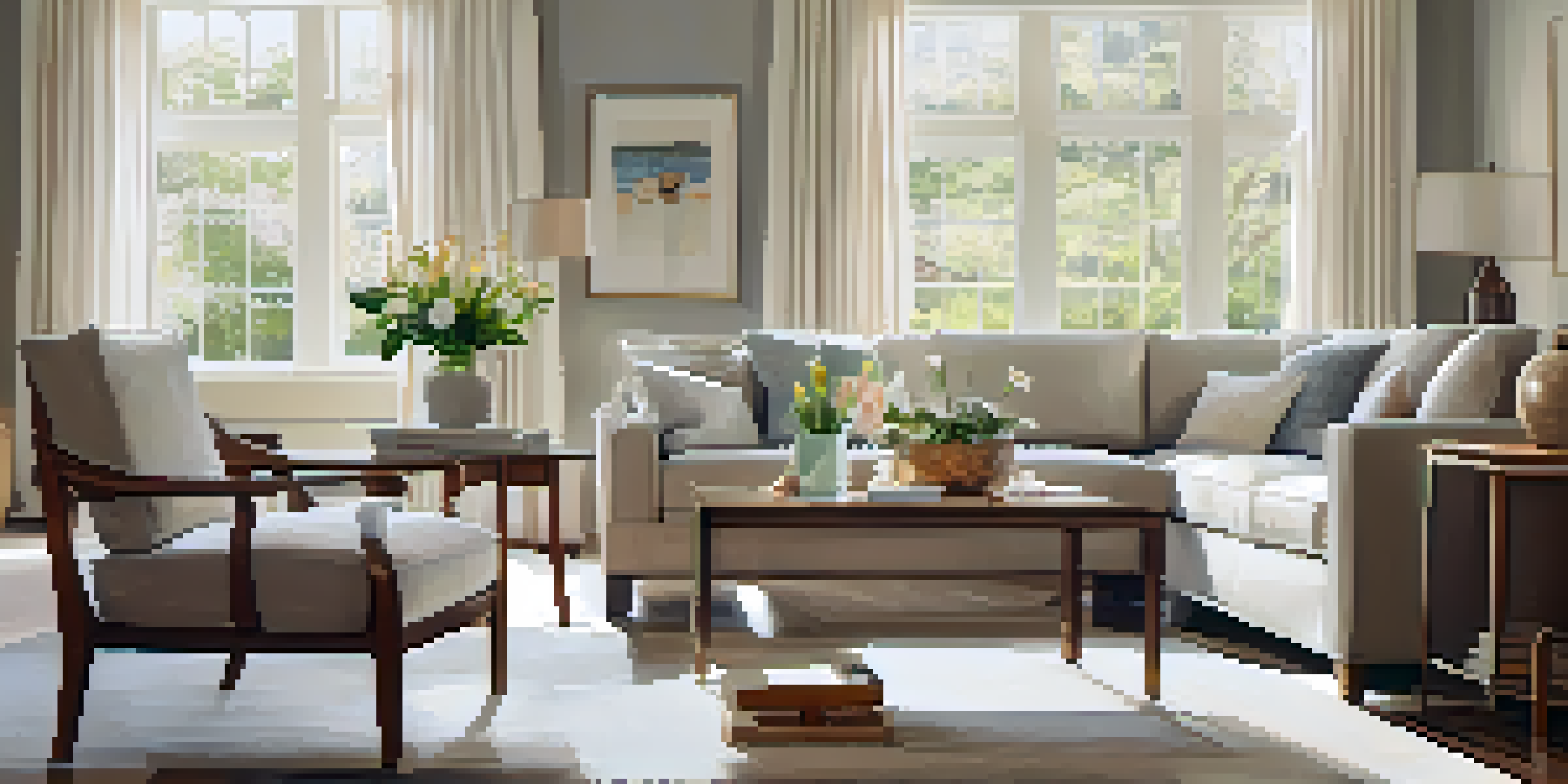 A bright and tidy living room set up for an open house with flowers and natural light.