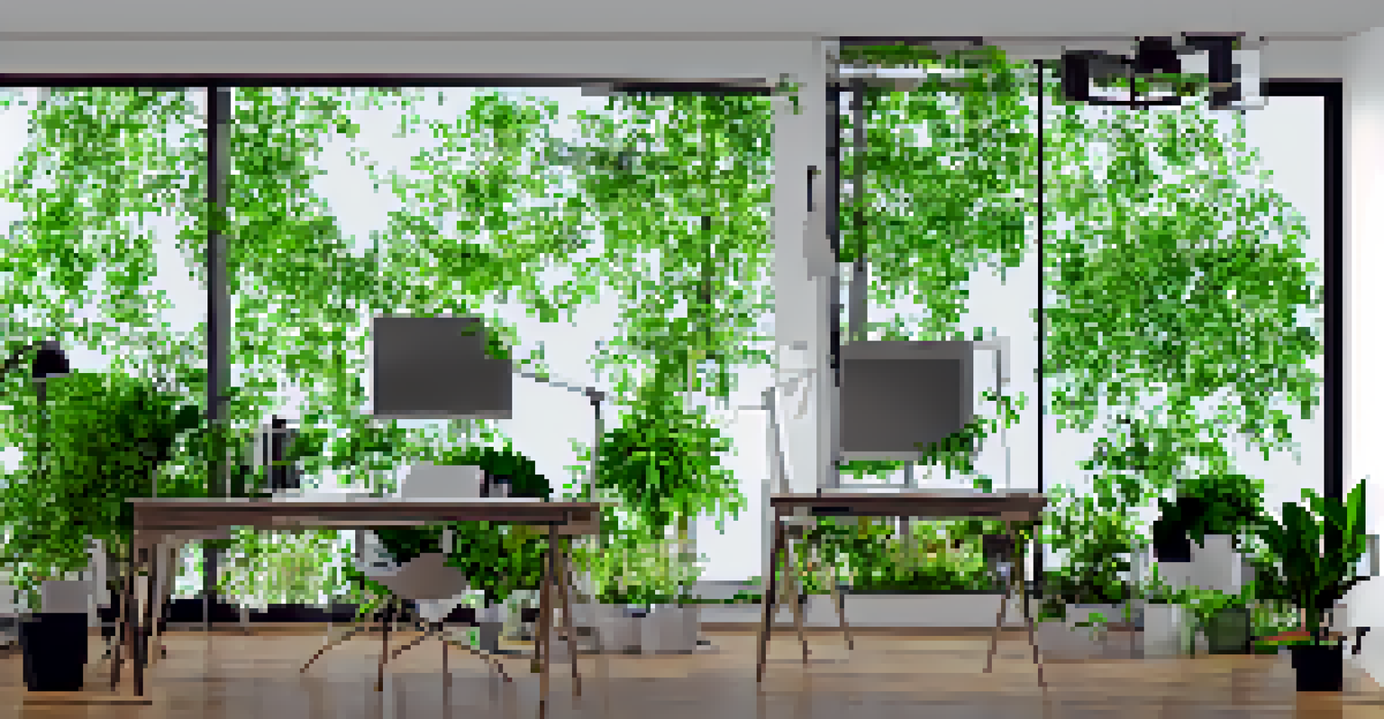A modern home office with a stylish desk, laptop, and natural light streaming through large windows, surrounded by green plants.