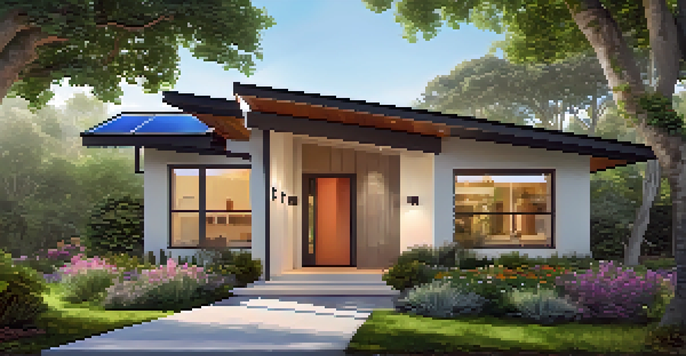 A modern energy-efficient home with solar panels and a colorful garden under a clear blue sky.