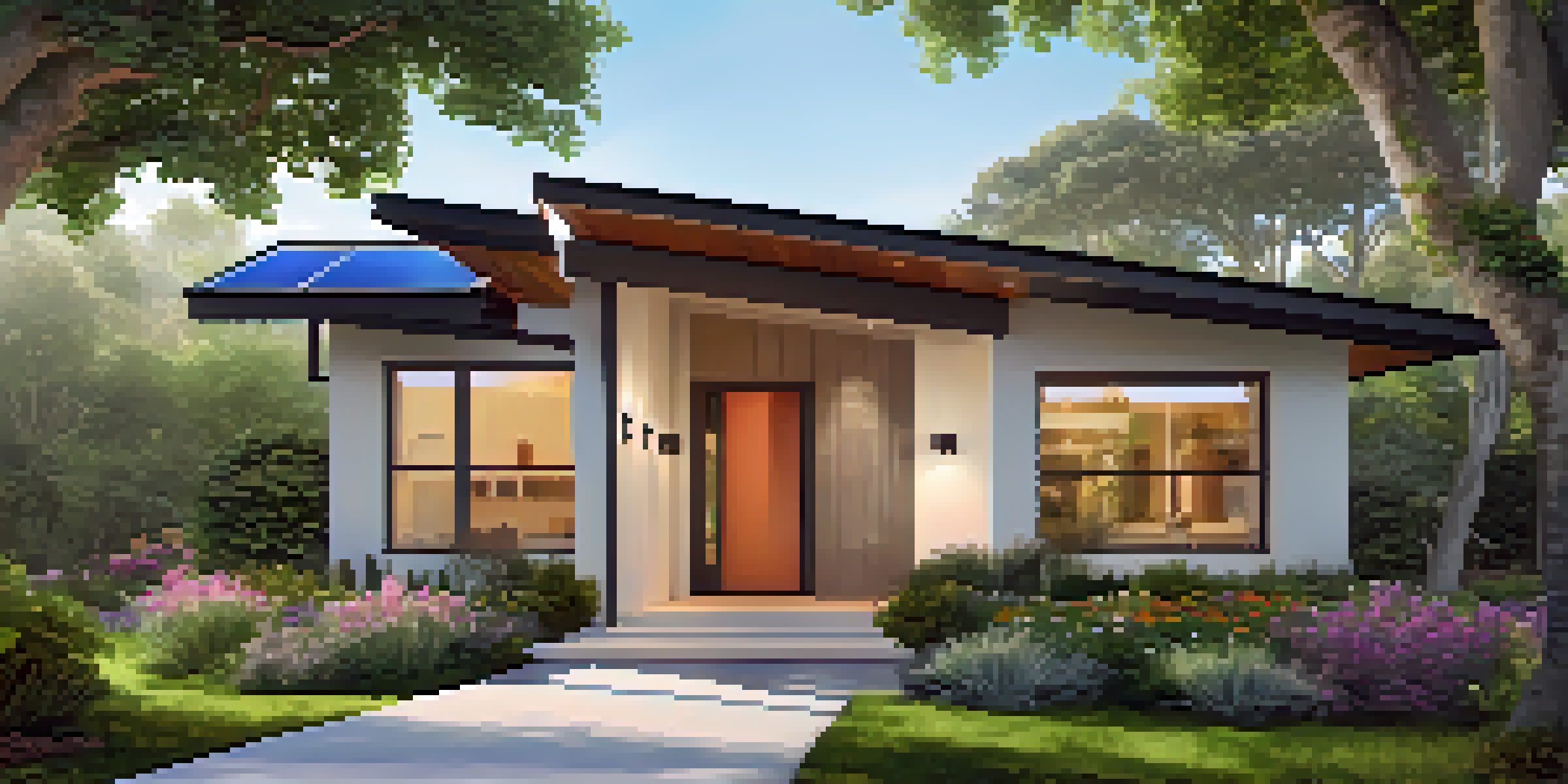 A modern energy-efficient home with solar panels and a colorful garden under a clear blue sky.