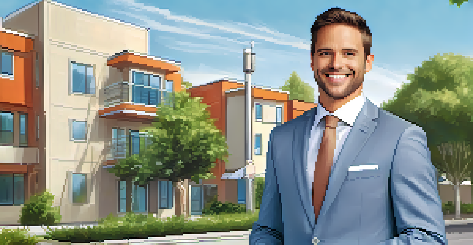 A real estate agent in front of a for-rent sign by an apartment building.