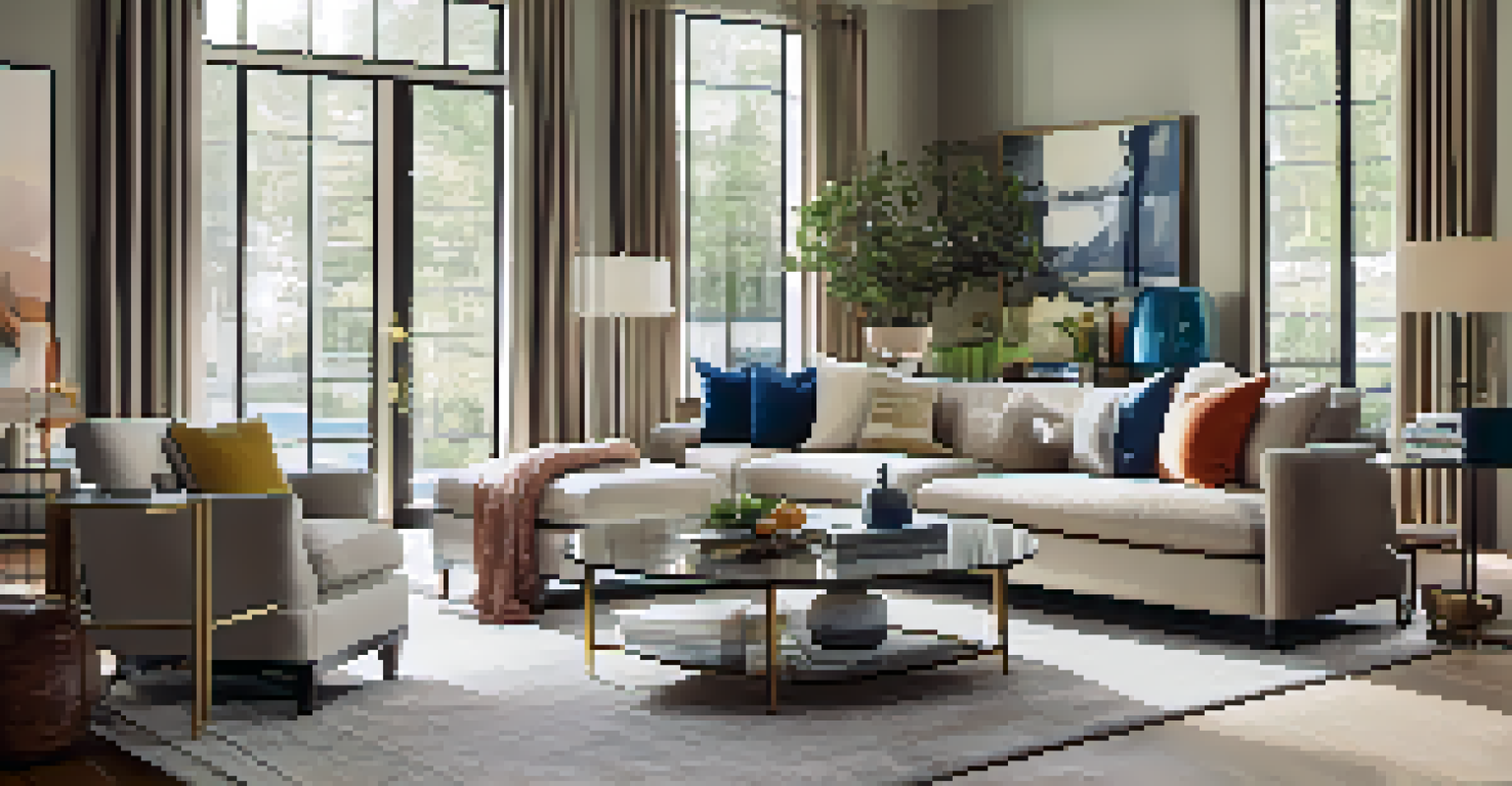 A modern living room filled with natural light, featuring stylish furniture and decor in neutral colors.