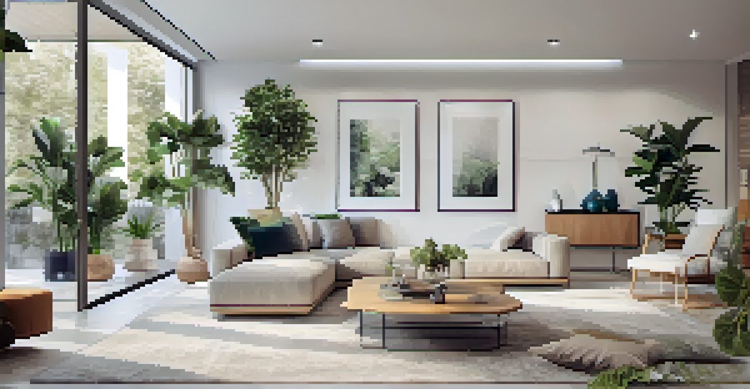 A bright modern living room with minimalist decor and a real estate agent discussing property details with a couple.