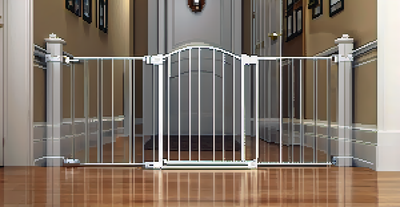 A close-up of a metal child safety gate at the top of a staircase, showcasing its safety lock and stylish design.
