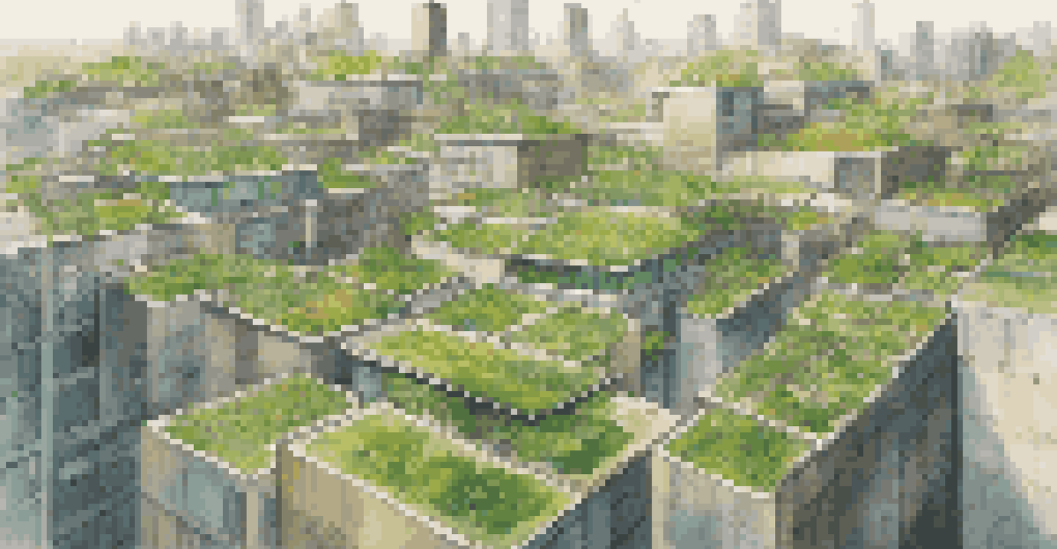 An aerial view of a city with various buildings featuring green roofs, showcasing a vibrant tapestry of plants and a bright blue sky.