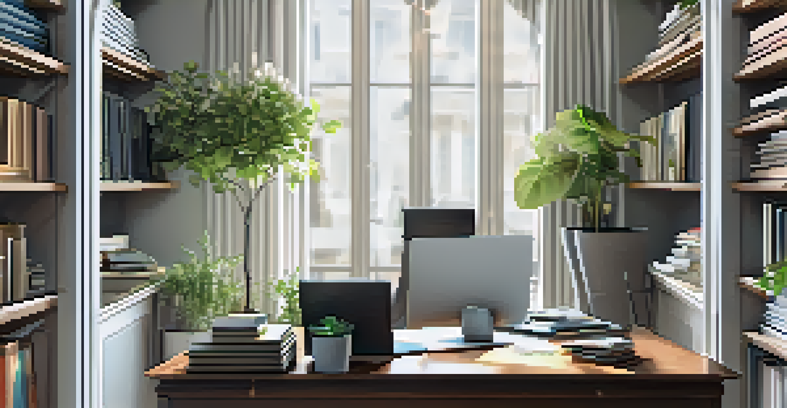 A modern home office with a desk, organized bookshelf, and bright natural light coming in through a window.