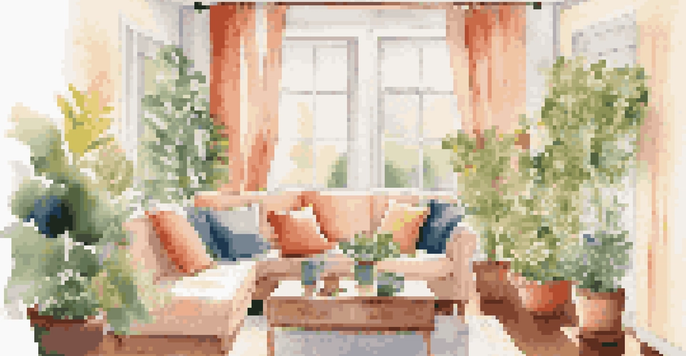 A bright living room with spring decor, featuring large windows, potted plants, and colorful cushions.