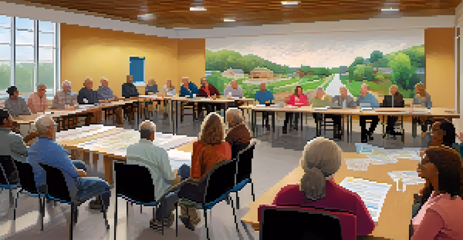 Residents participating in a town hall meeting, discussing neighborhood plans in a modern community center.