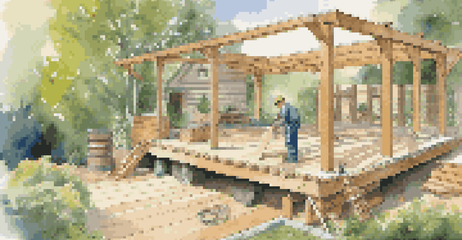 A carpenter working on building an outdoor deck in a sunny backyard filled with trees and flowers.