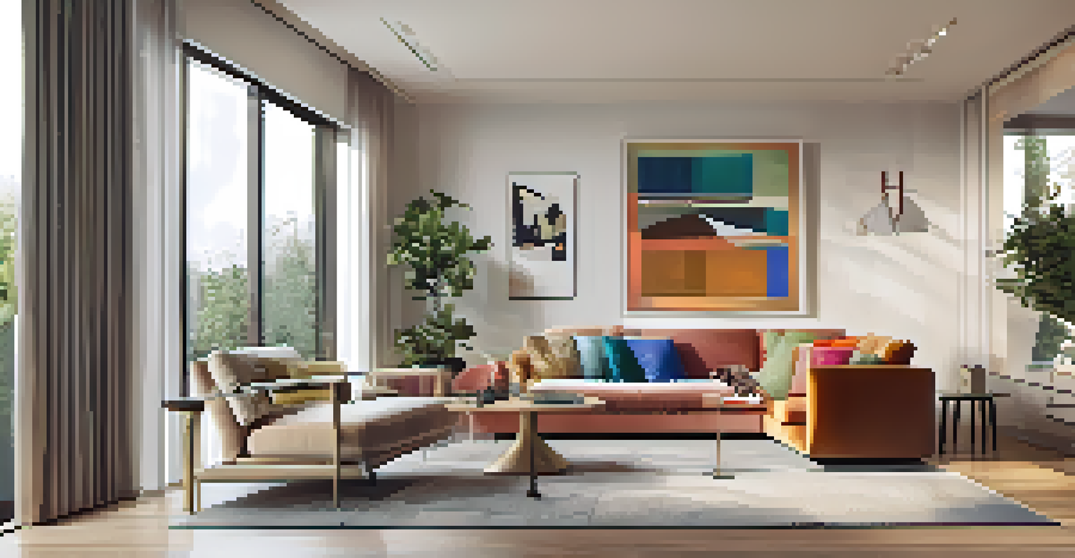 A modern living room with multi-functional furniture, including a pull-out dining table and a cozy sofa.