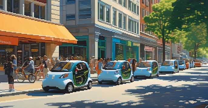 A busy city street filled with electric vehicles and e-scooters, pedestrians walking, and trees lining the sidewalk under a clear blue sky.
