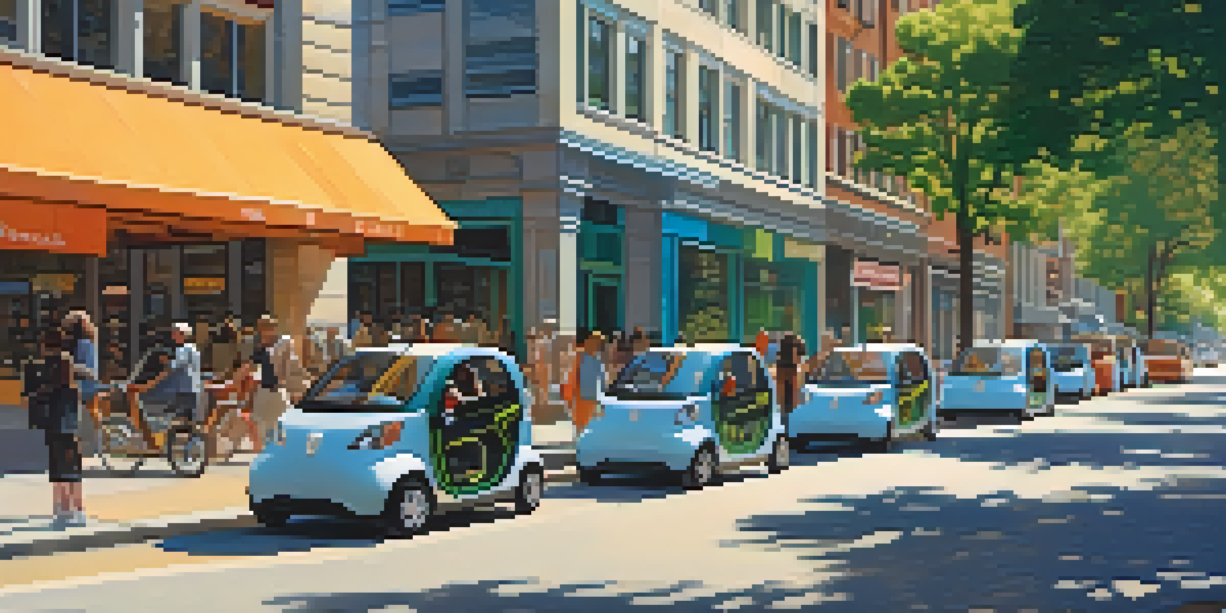 A busy city street filled with electric vehicles and e-scooters, pedestrians walking, and trees lining the sidewalk under a clear blue sky.