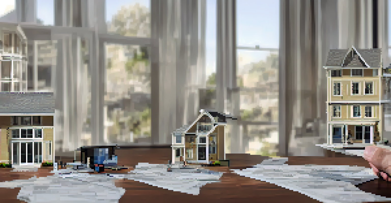A real estate agent holding a miniature house model with financial documents in the background.