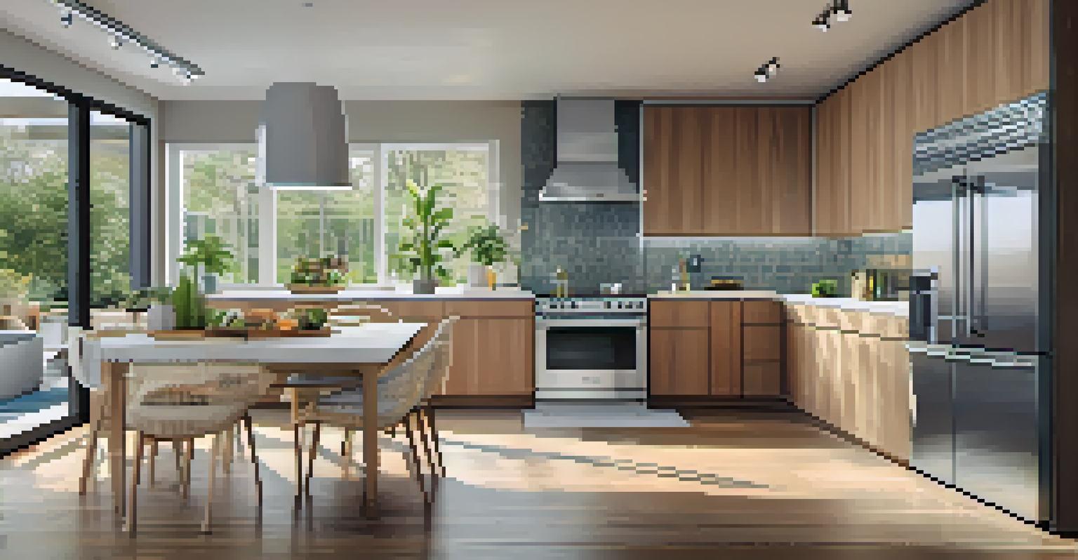 A bright kitchen featuring energy-efficient appliances like a refrigerator and dishwasher, with natural light illuminating the space and eco-friendly design elements.