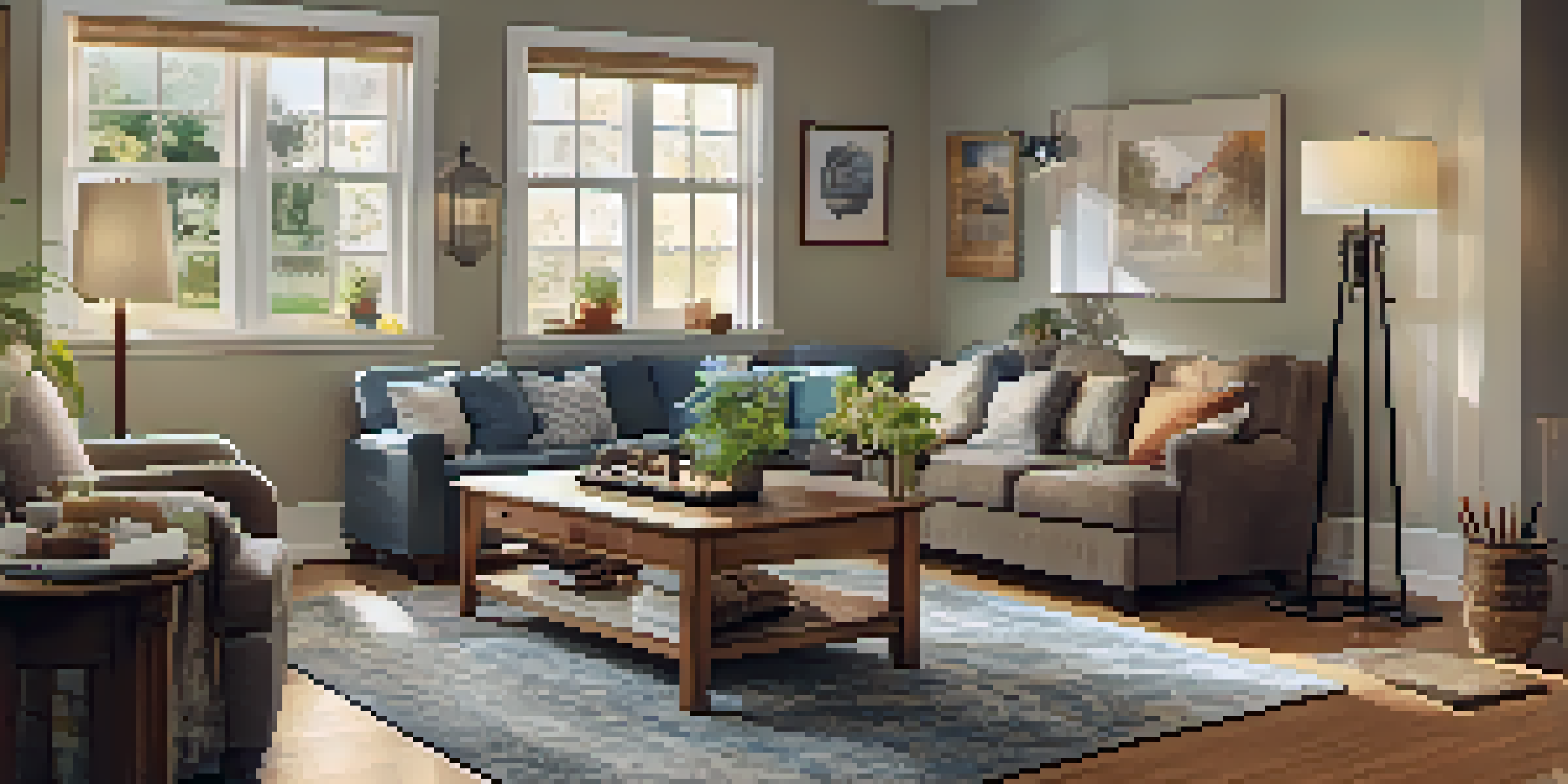 A home inspector checking an electrical panel in a cozy living room with a homeowner observing. Natural light and warm tones create a welcoming atmosphere.