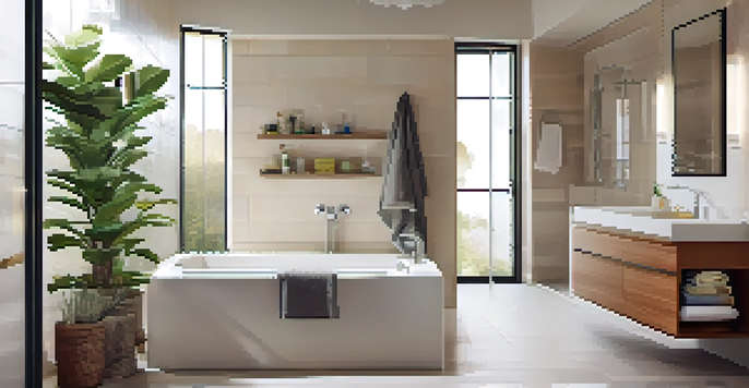 A modern bathroom with a stainless steel grab bar next to a shower, warm lighting, and decorative towels and plants.