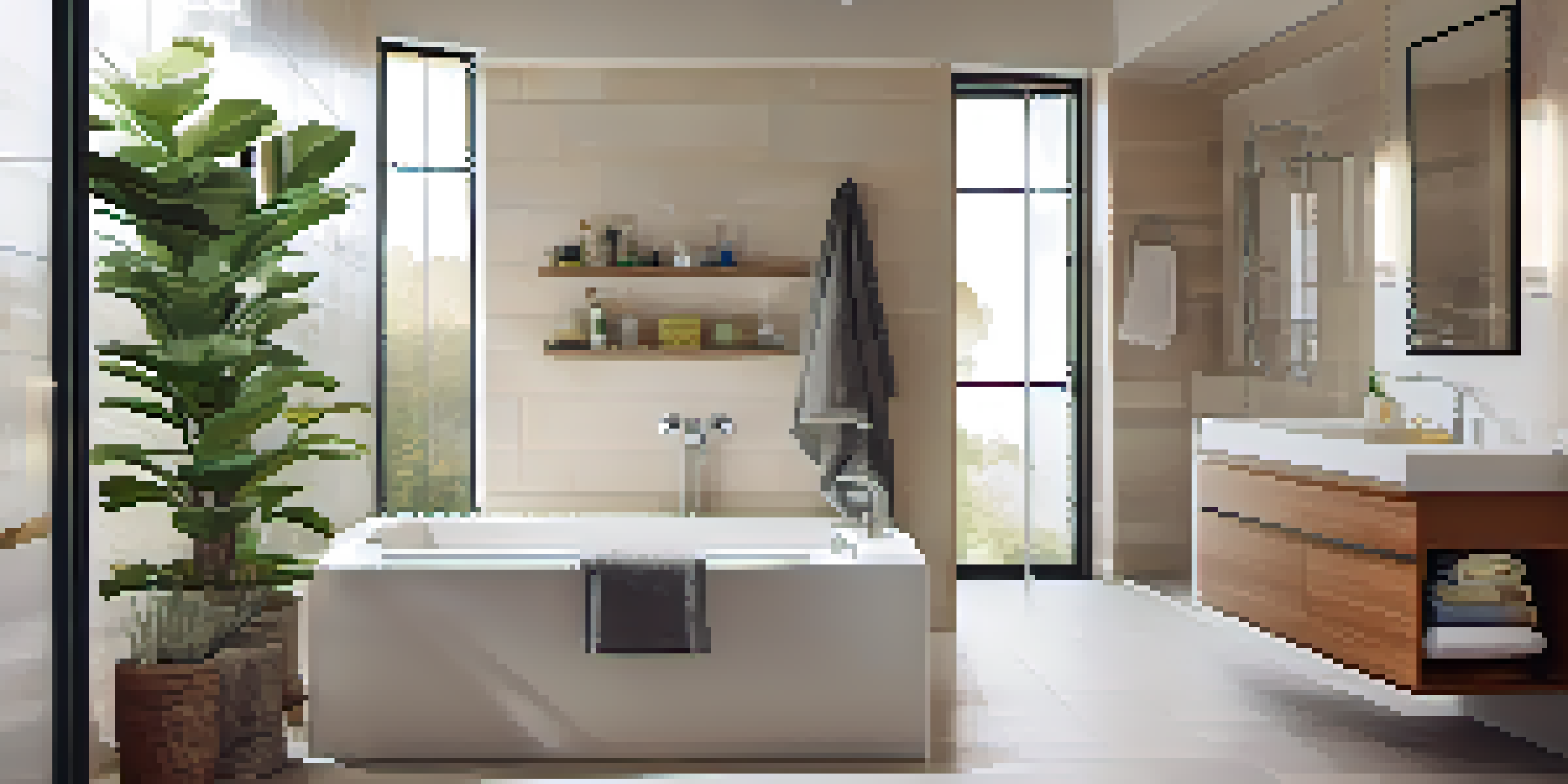 A modern bathroom with a stainless steel grab bar next to a shower, warm lighting, and decorative towels and plants.