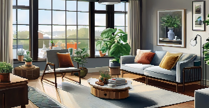 A cozy living room with wooden floors, large windows, and a comfortable sofa surrounded by plants and magazines.