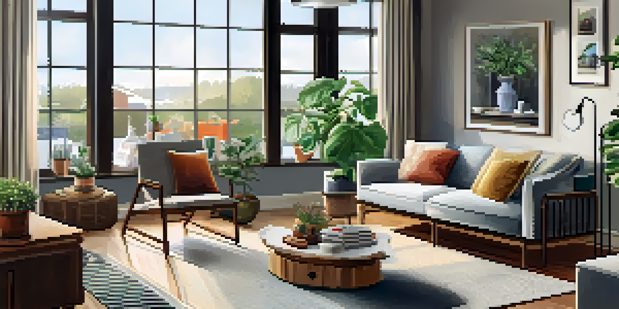 A cozy living room with wooden floors, large windows, and a comfortable sofa surrounded by plants and magazines.
