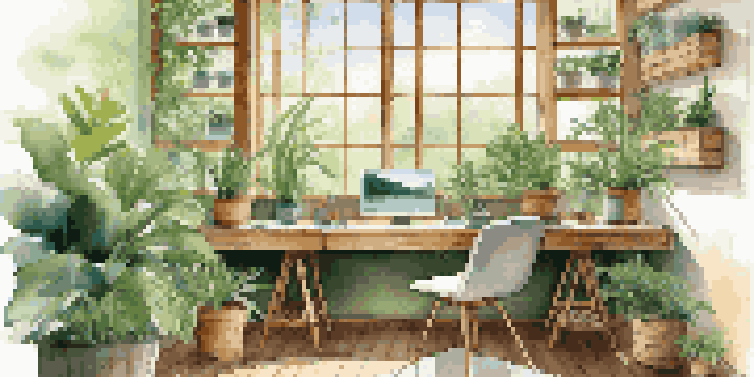 A calm workspace with a desk made of recycled wood and a bamboo chair, illuminated by natural light, surrounded by plants and a view of the outdoors.