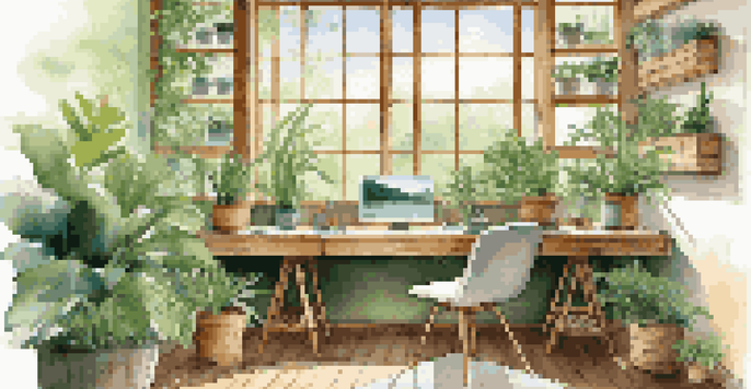 A calm workspace with a desk made of recycled wood and a bamboo chair, illuminated by natural light, surrounded by plants and a view of the outdoors.