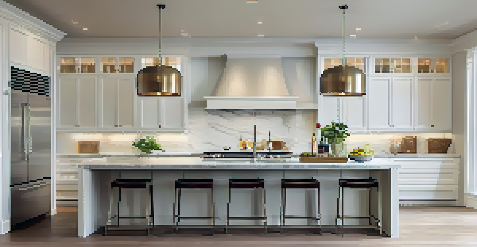 An elegant kitchen with a marble-topped island, high-backed stools, and pendant lights, creating a sophisticated ambiance.
