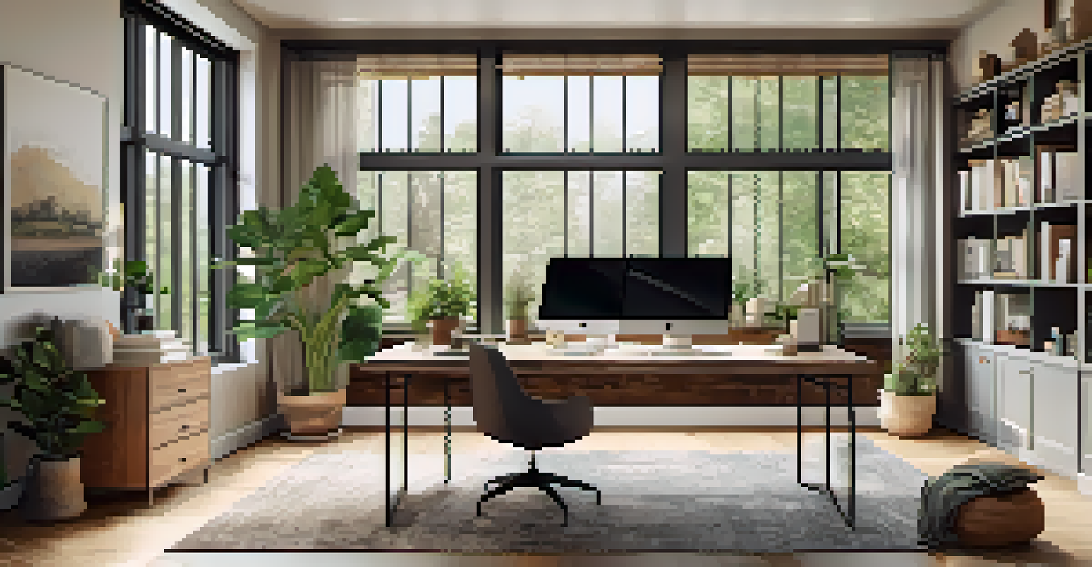 A bright and modern home office with a desk, laptop, plants, and a view of a garden.