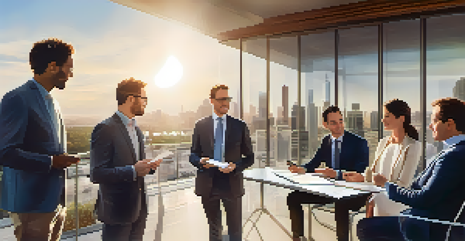 Real estate professionals engaged in a discussion on a balcony overlooking a city skyline.