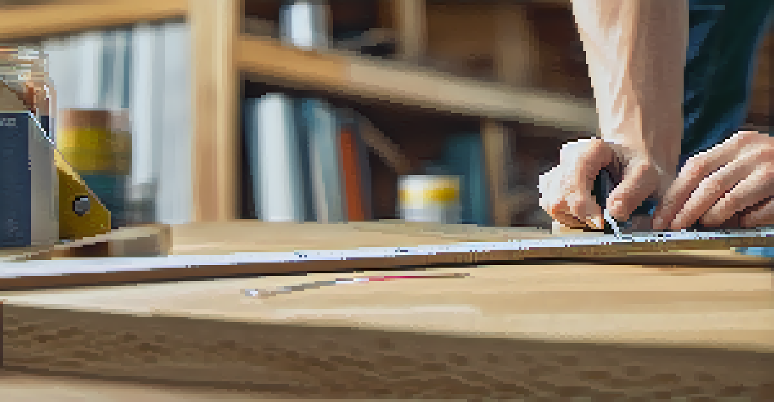A close-up of hands measuring a wooden plank with a measuring tape, alongside a level tool, in a home improvement setting.
