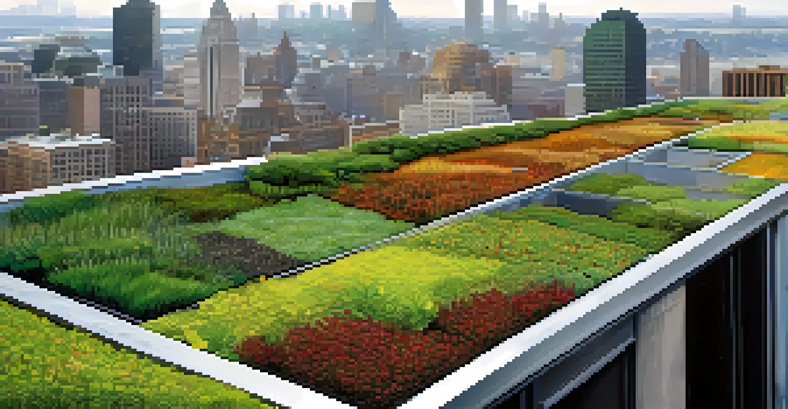 A detailed view of a green roof with layers of soil and thriving plants, glistening in the morning light with a city skyline in the background.