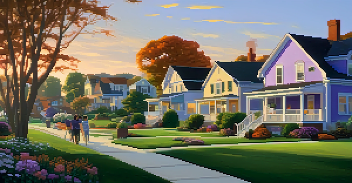 A peaceful suburban neighborhood at sunset, with diverse houses, vibrant flowers, and a family on a porch, conveying a sense of home.