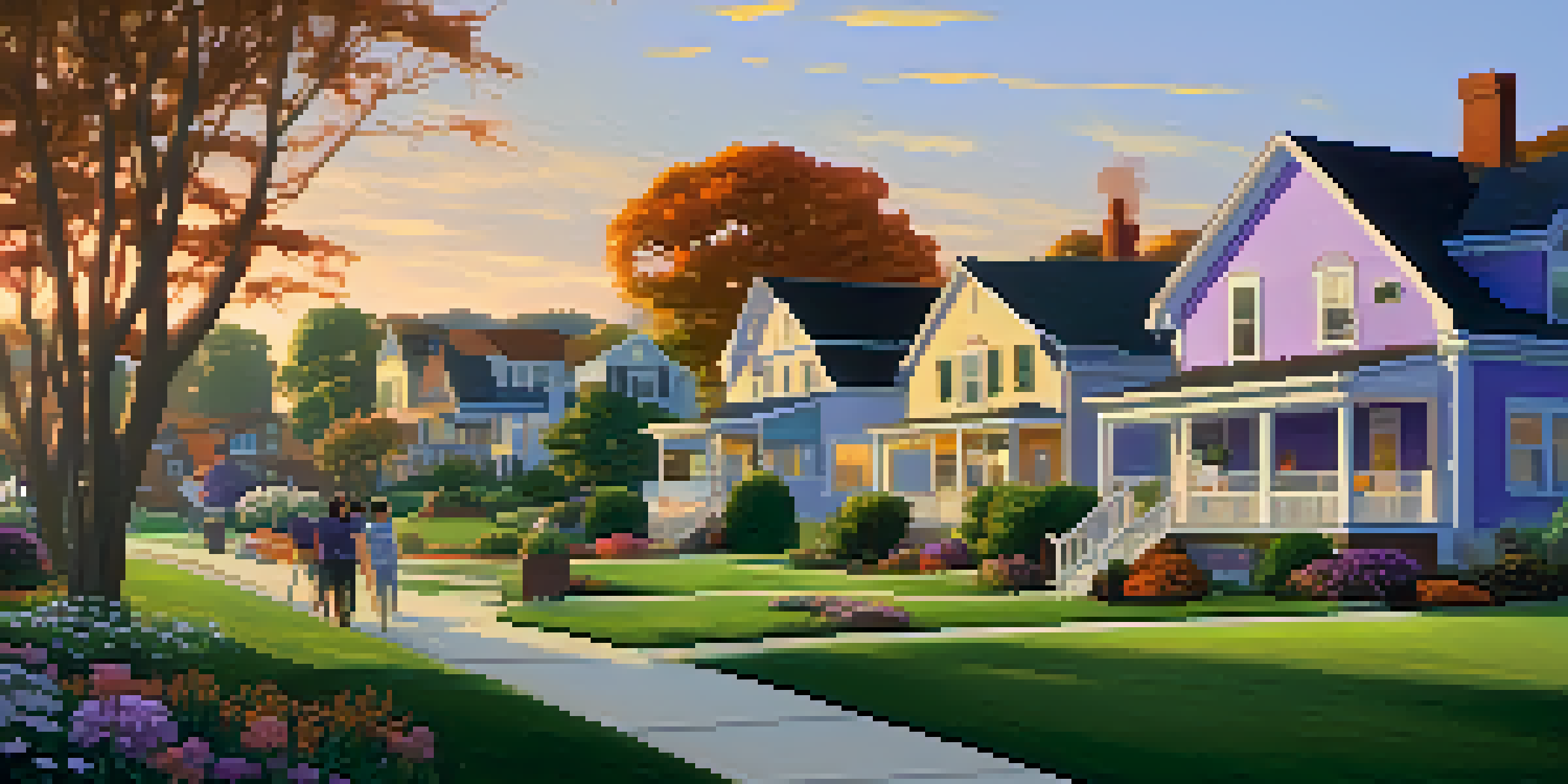 A peaceful suburban neighborhood at sunset, with diverse houses, vibrant flowers, and a family on a porch, conveying a sense of home.