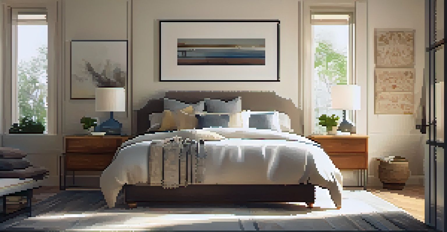 A peaceful bedroom with a neatly made bed and sunlight streaming through the window, creating a warm ambiance.