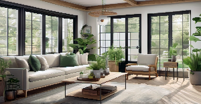 A bright and inviting living room filled with natural light, decorated with plants and sustainable furniture in soft, neutral colors.