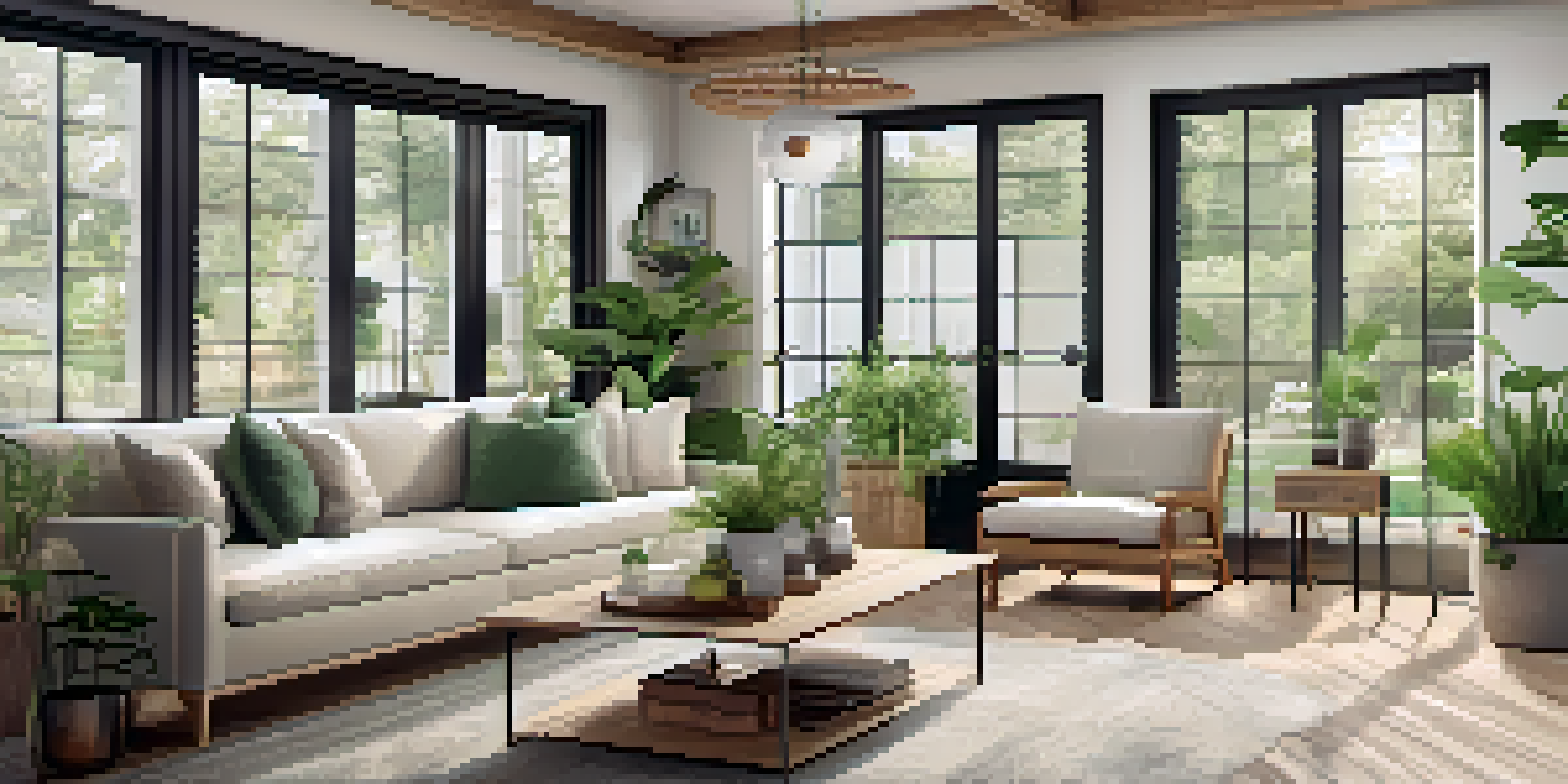 A bright and inviting living room filled with natural light, decorated with plants and sustainable furniture in soft, neutral colors.