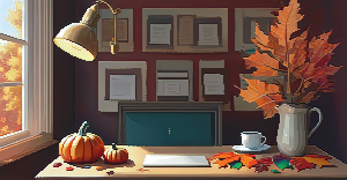 A warm and inviting home office decorated for autumn with a pumpkin paperweight and colorful leaves.
