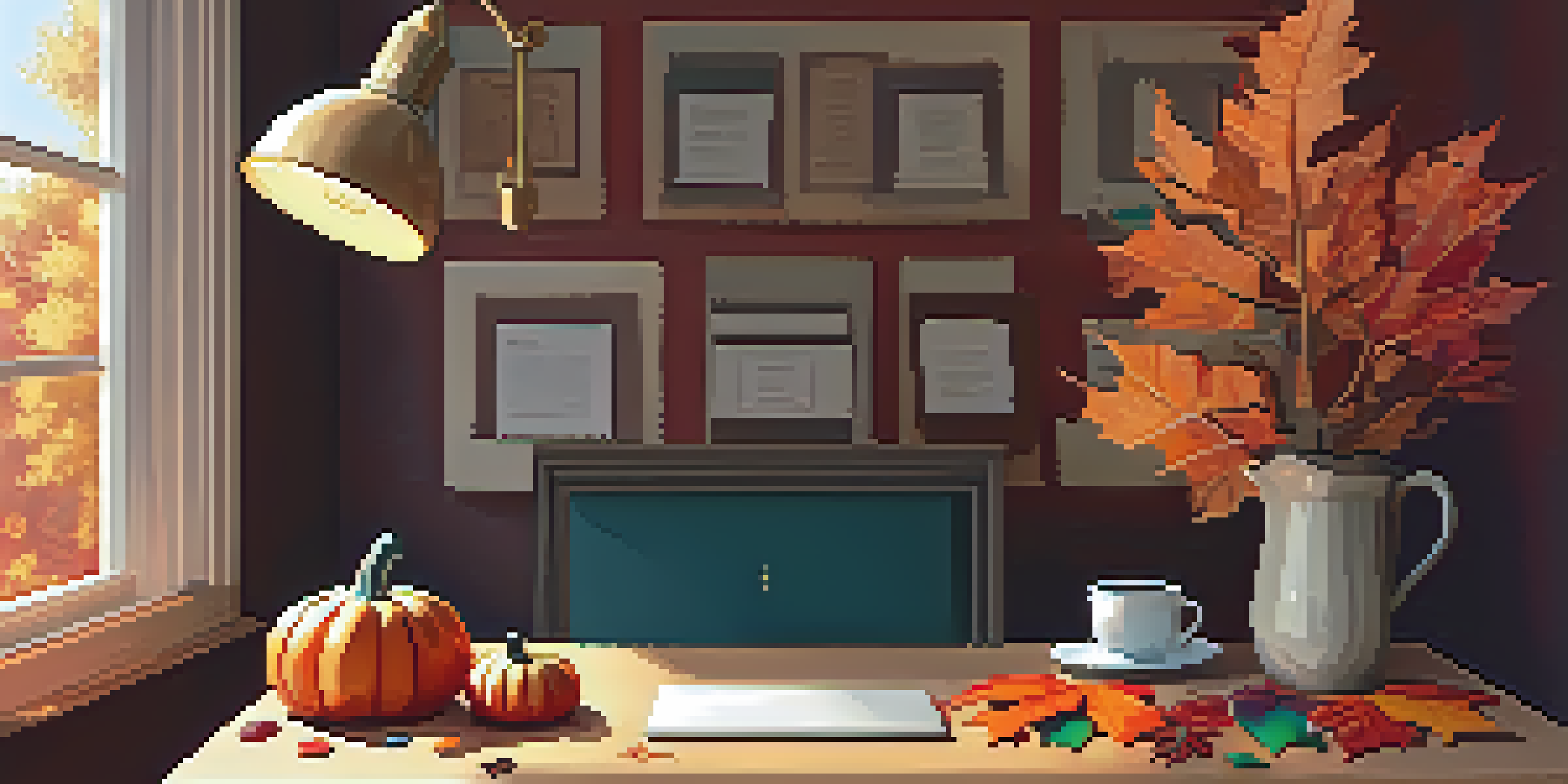 A warm and inviting home office decorated for autumn with a pumpkin paperweight and colorful leaves.