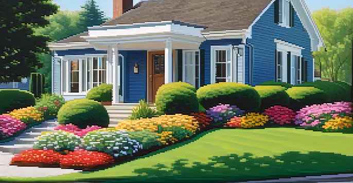 A neat spring garden with flowers, highlighting a homeowner checking window locks for security.