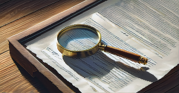 A close-up of a property title document on a wooden desk, with a magnifying glass beside it, showing intricate details and soft natural lighting.