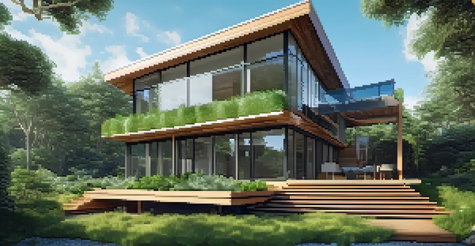 A modern eco-friendly house with a green roof, smart glass windows, and wooden features, surrounded by trees and blue sky.
