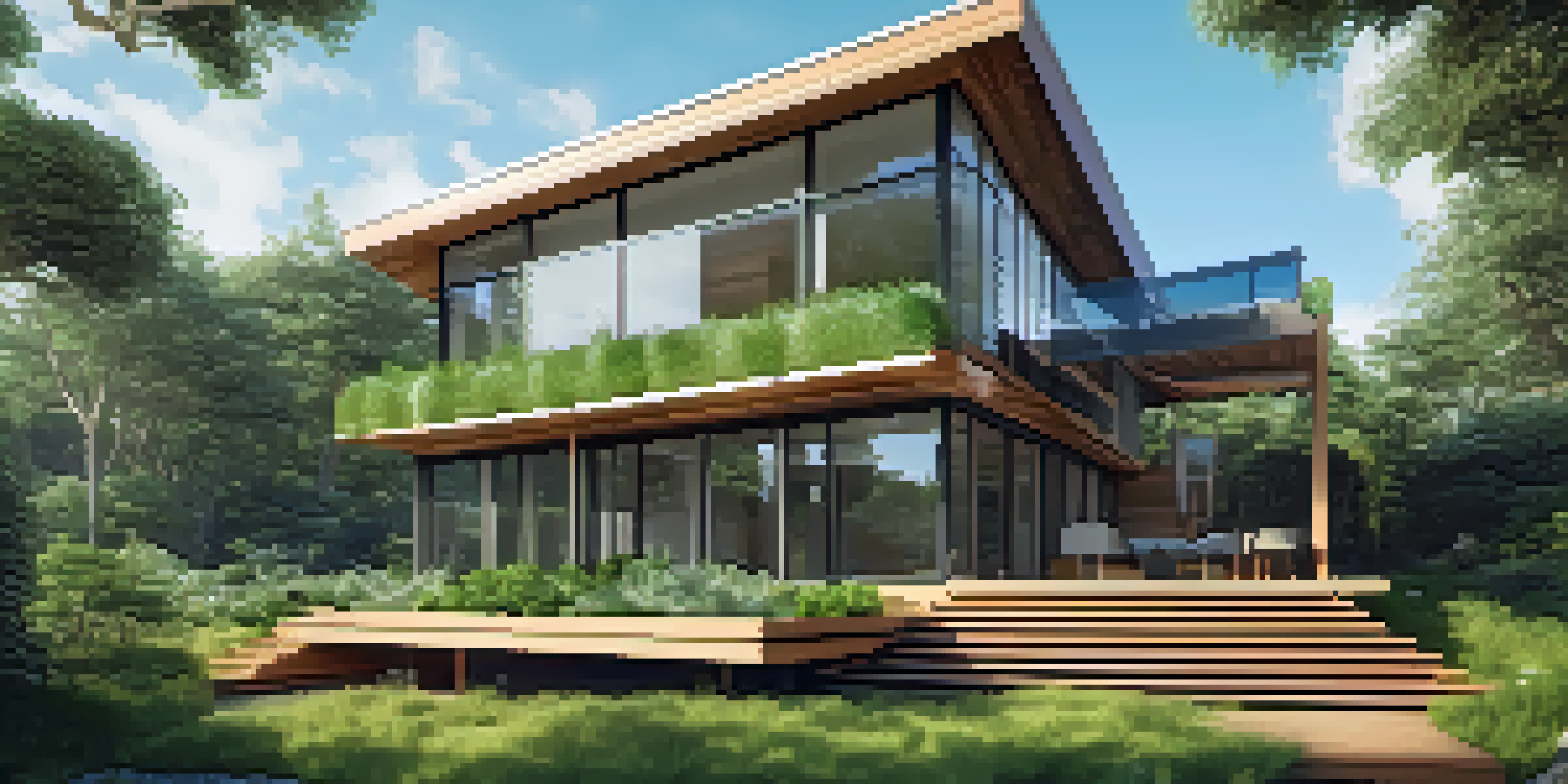 A modern eco-friendly house with a green roof, smart glass windows, and wooden features, surrounded by trees and blue sky.