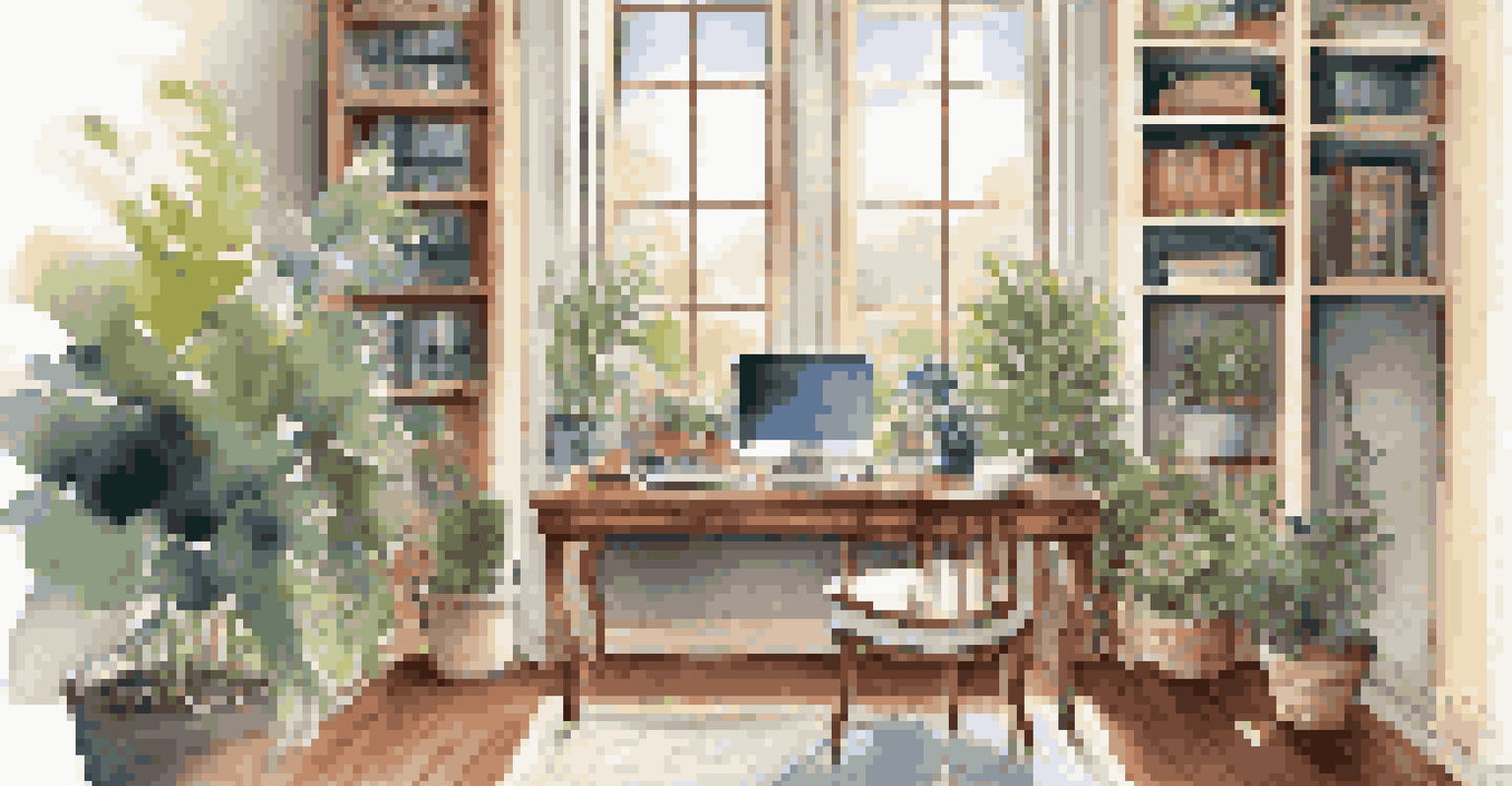A stylish home office with a wooden desk, laptop, and natural light from a large window.