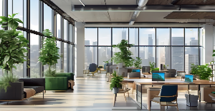 A bright and modern office space filled with natural light, featuring contemporary furniture and indoor plants.