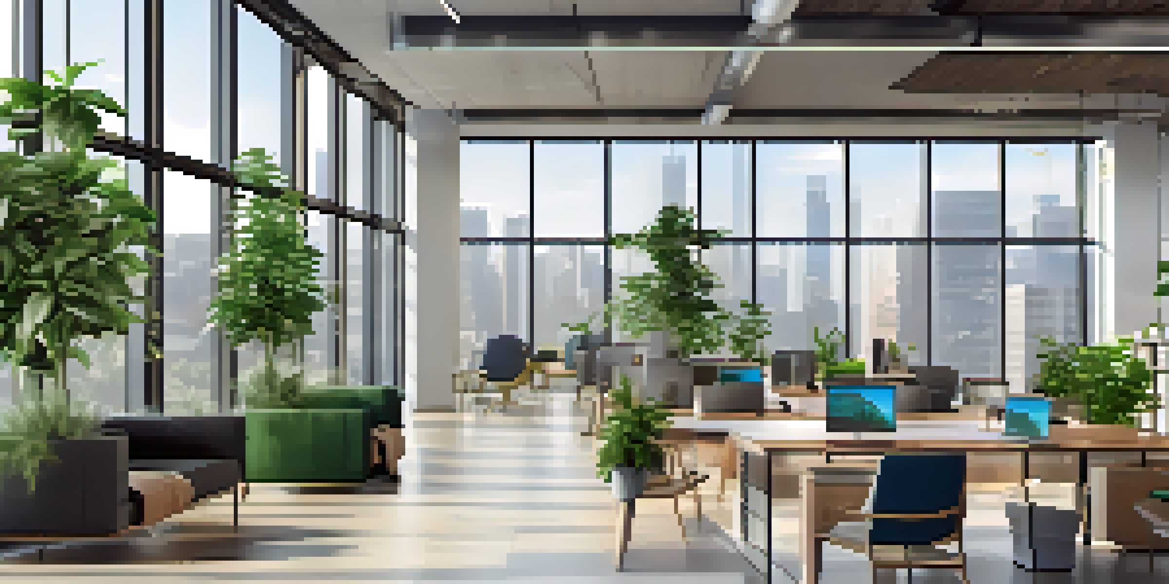 A bright and modern office space filled with natural light, featuring contemporary furniture and indoor plants.