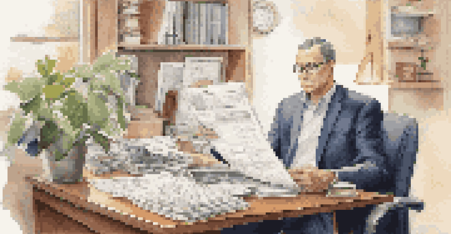 A real estate investor examining tax documents at a desk with financial papers and a laptop.