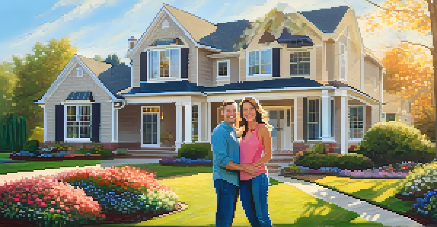 A happy couple in front of their new home, holding keys and smiling, surrounded by a manicured lawn and flower beds under a clear blue sky.